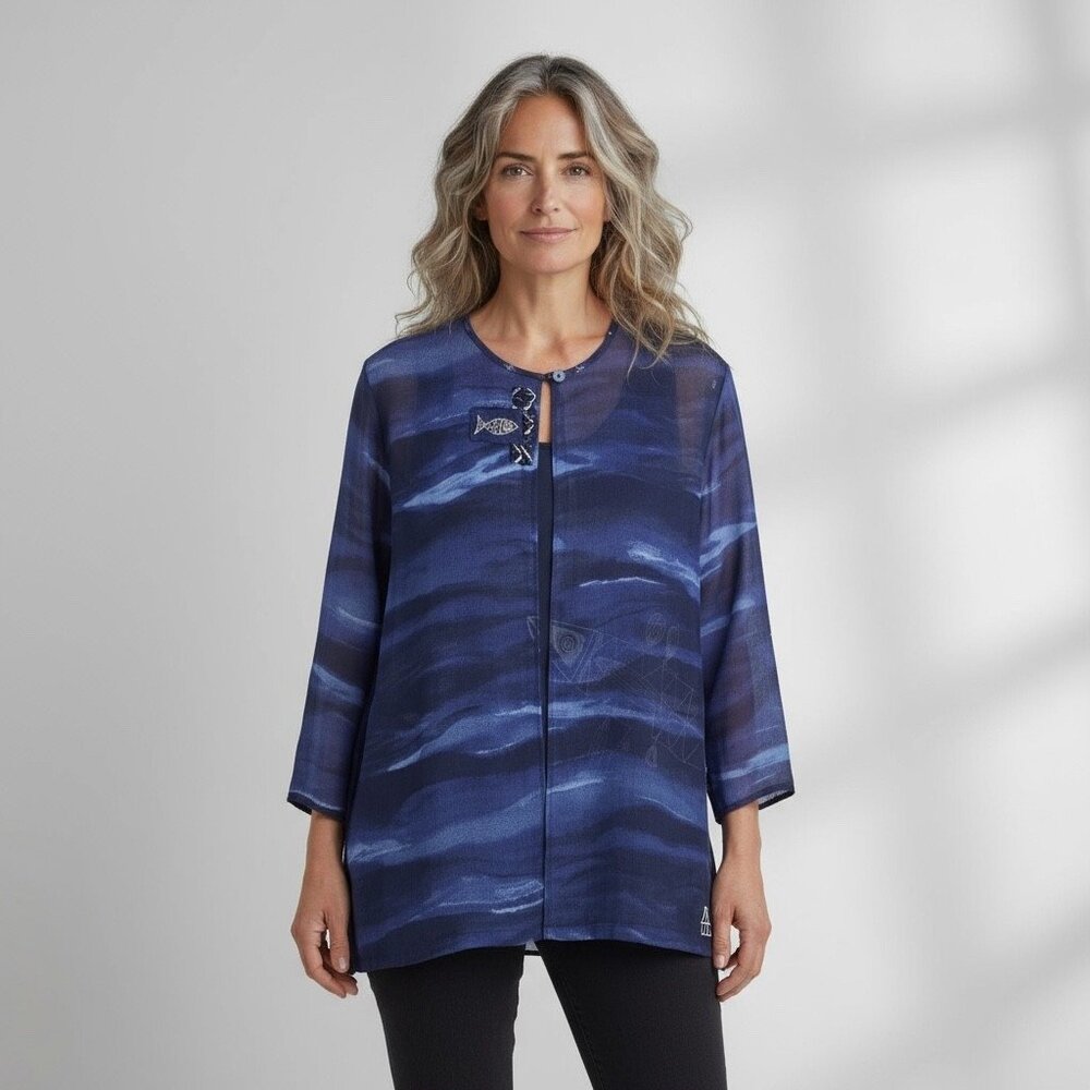 K.D. Spring Sheer Navy & White Batik Fish Print Jacket Artsy Rayon Crepe Size M